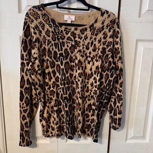 Quacker Factory Grannycore Leopard Print With Rhinestones Cardigan - Size Large